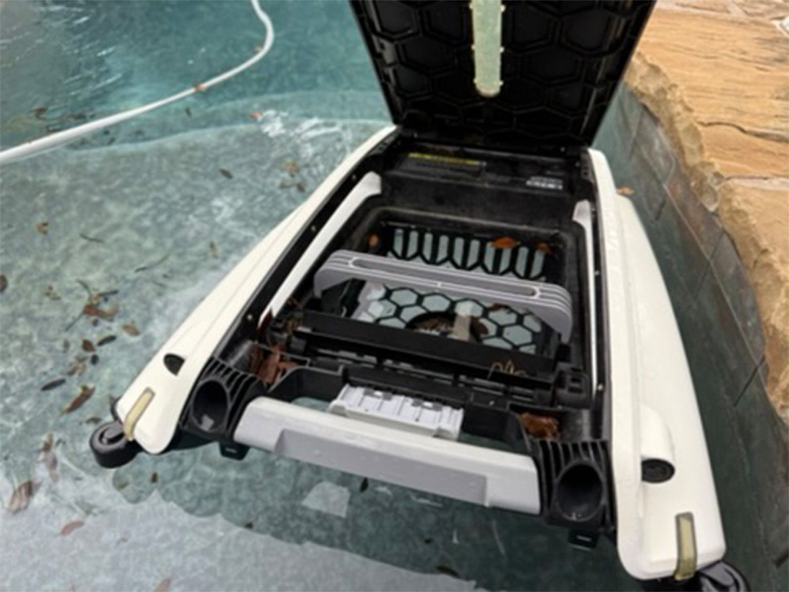 The Betta SE with its lid popped open at the pool's edge, basket ready to lift out