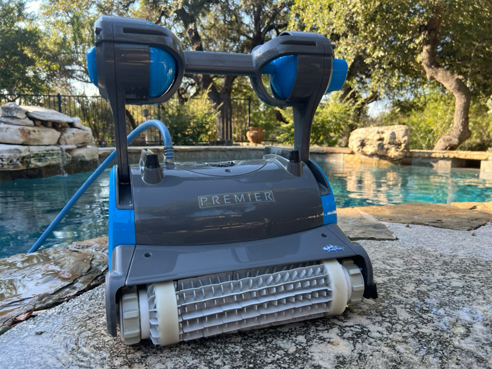 Front view of the Dolphin Premier sitting on the pool deck
