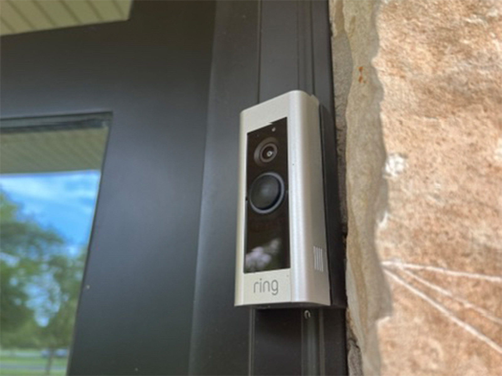 The Ring Video Doorbell Pro installed on the included wedge mount, angling it outward