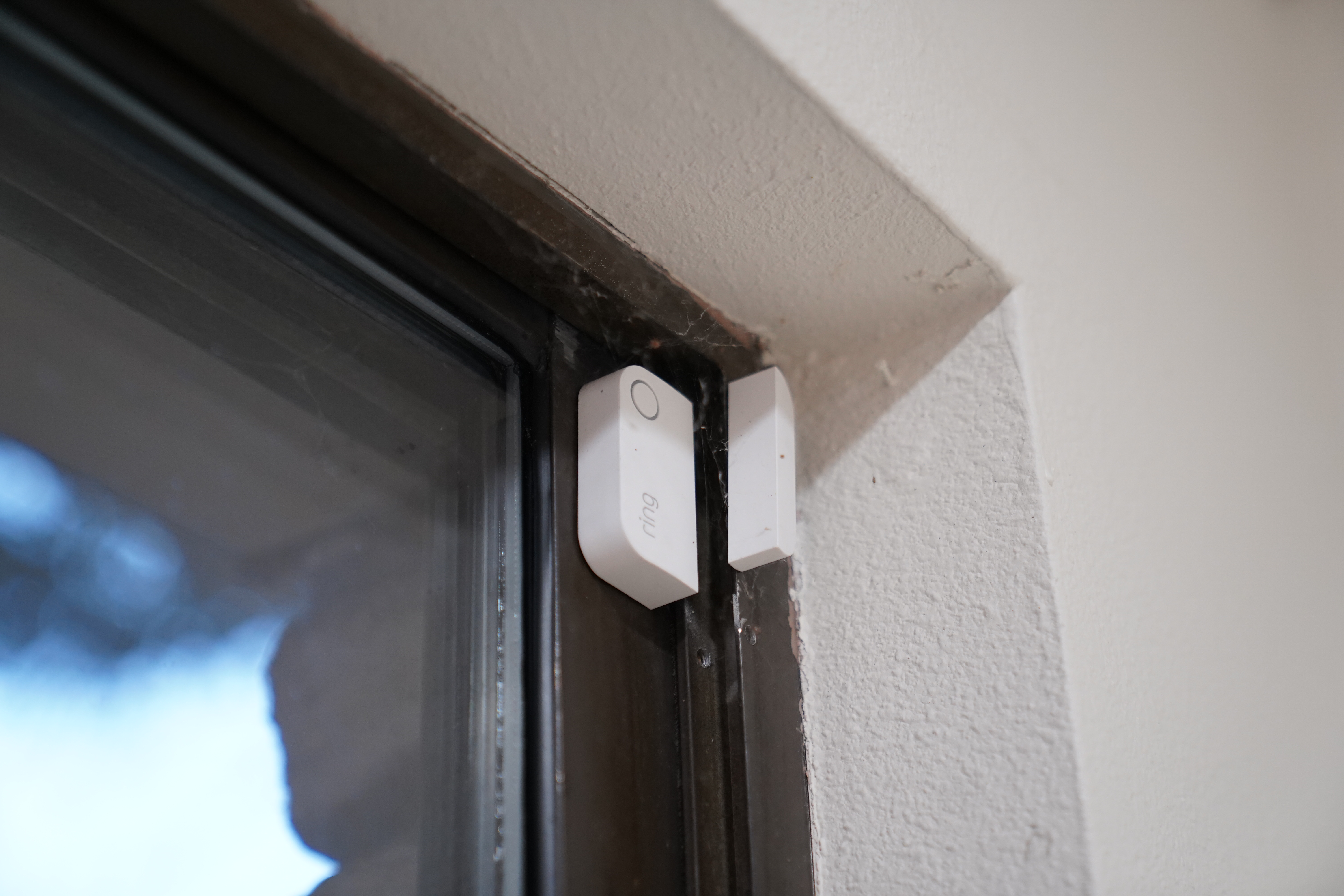 A Ring Alarm contact sensor mounted on a window frame