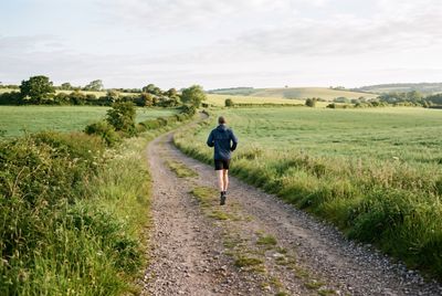 A relaxed runner on a gravel path through green fields