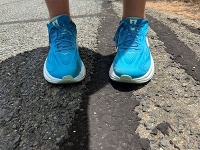 Front view of the Hoka Clifton 10 showing the wide toe box and knit upper