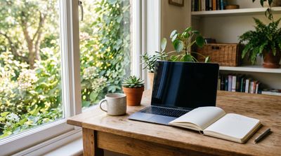 A bright home-office desk by a window