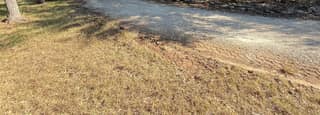 The graded road base meeting the dry grass along the driveway edge, where runoff leaves the surface