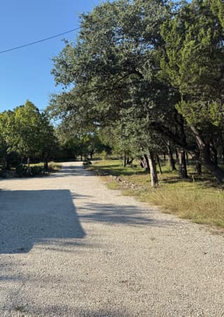The gravel driveway we started with, running between the trees before any paving work began