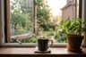 A cup of coffee on a windowsill in soft morning light