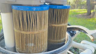 Two dirty pool filter cartridges standing in the tank beside the white center standpipe