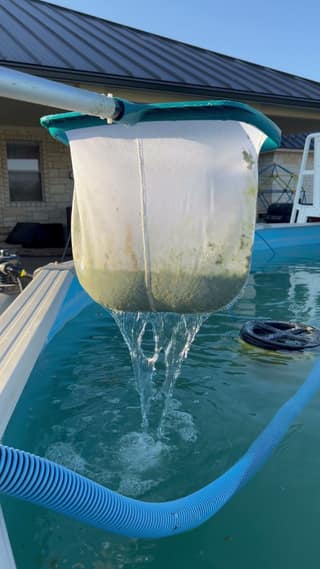A full leaf-rake bag draining above the pool surface