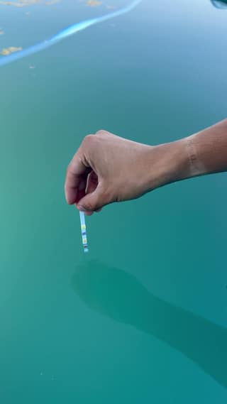 A test strip dipped into pool water away from the wall fittings