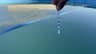 A freshly dipped pool test strip held level while its reagent pads develop