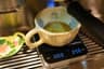 A double shot of espresso on the scale reading 39.8 grams