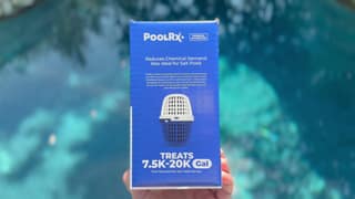 Back panel of the PoolRx+ box describing its mineral blend and six-month algae control claim