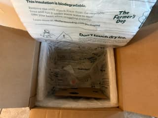 Inside our Farmer's Dog shipment, showing the insulated liner and dry-ice packaging