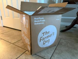 The Farmer's Dog cardboard shipping box opened after delivery to our home